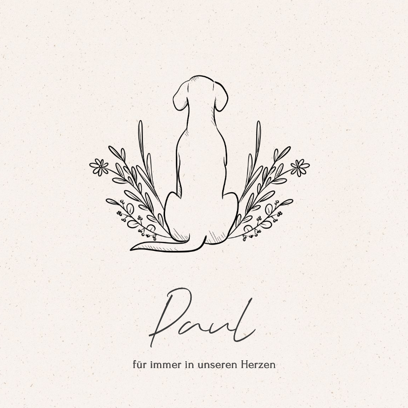 Beileidskarte Hund Linienzeichnung Blumen Name - Beileidskarten Beileidskarten - Beileidskarte Hund Linienzeichnung Blumen Name