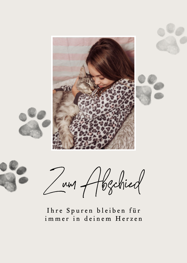 Beileidskarten - Beileidskarte Katze Foto Pfotenabdrücke grau
