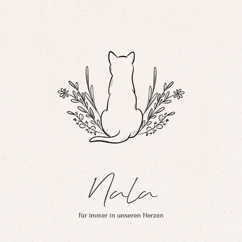 Beileidskarte Katze Linienzeichnung Blumen Name - Beileidskarten Beileidskarten - Beileidskarte Katze Linienzeichnung Blumen Name