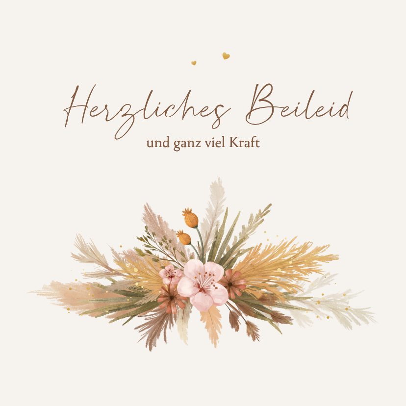Beileidskarte Trockenblumengesteck goldene Herzen - Beileidskarten Beileidskarten - Beileidskarte Trockenblumengesteck goldene Herzen