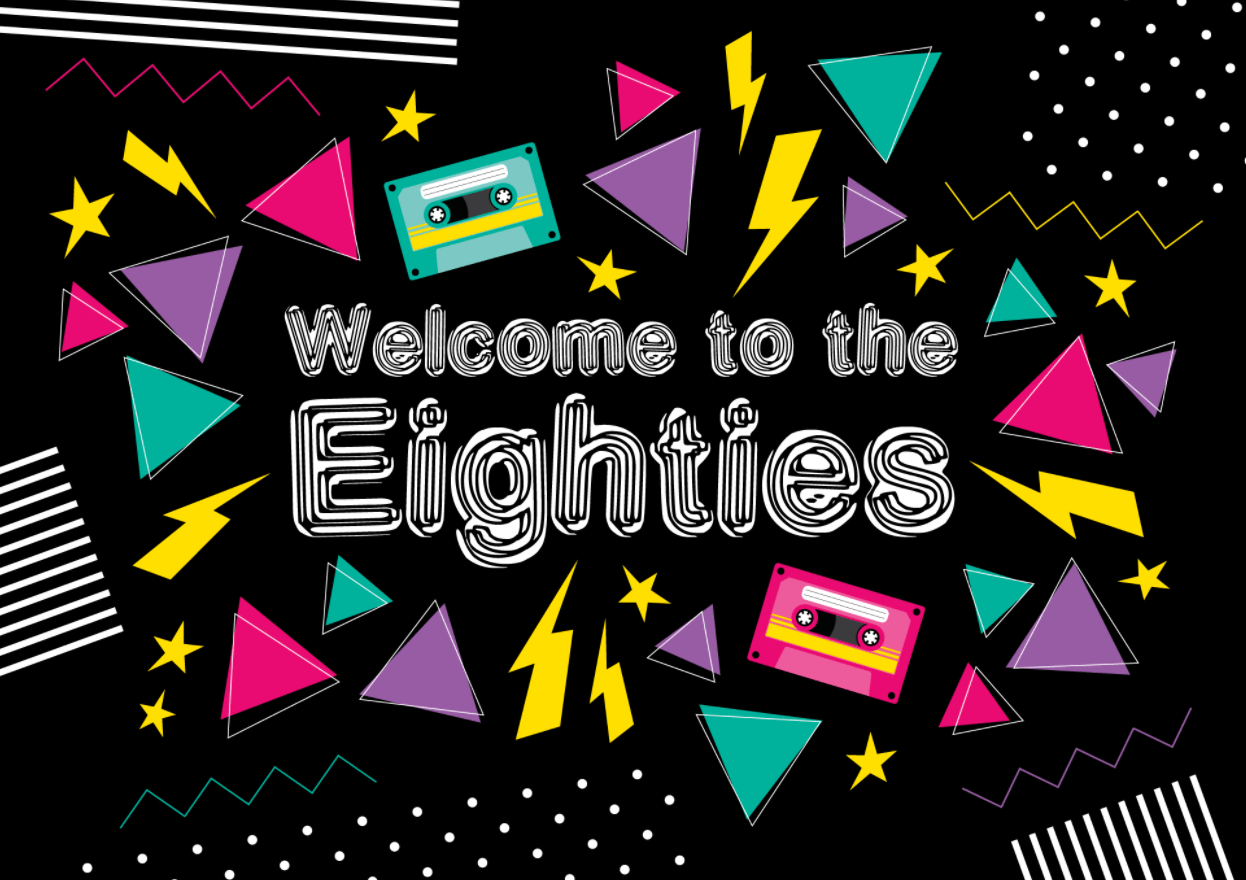 Einladung zur 80er Jahre Party in schwarz mit Text - Welcome to the Eighties