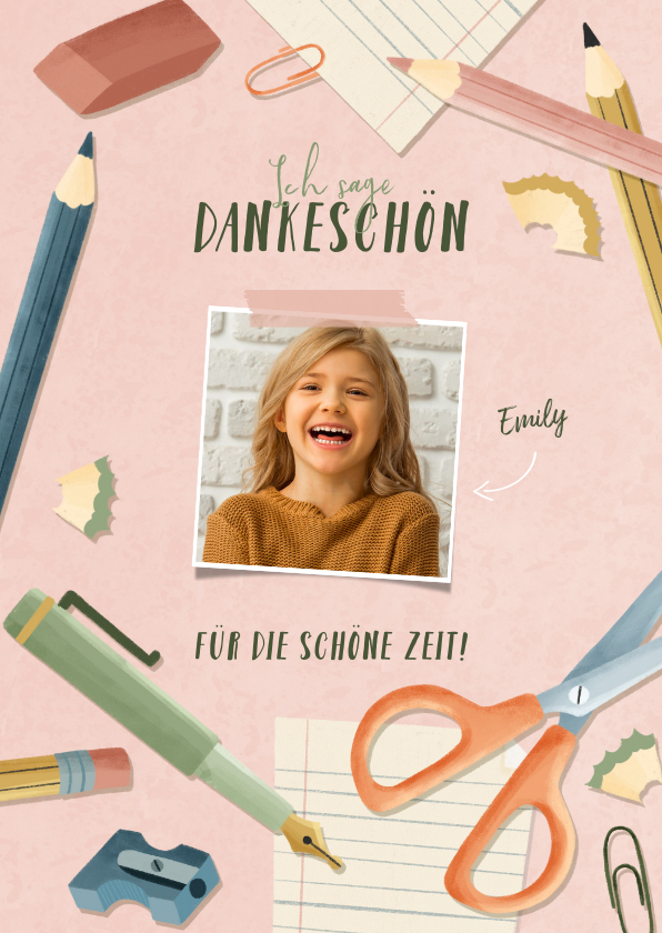 Dankeskarten - Dankeskarte mit Foto schöne Schulzeit rosa