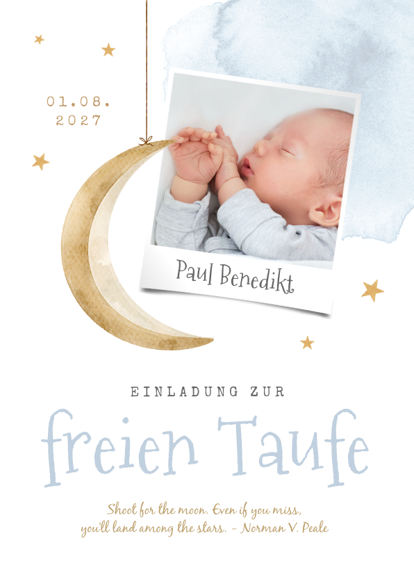 Einladungskarten - Einladung freie Taufe Aquarell, Foto & Mond