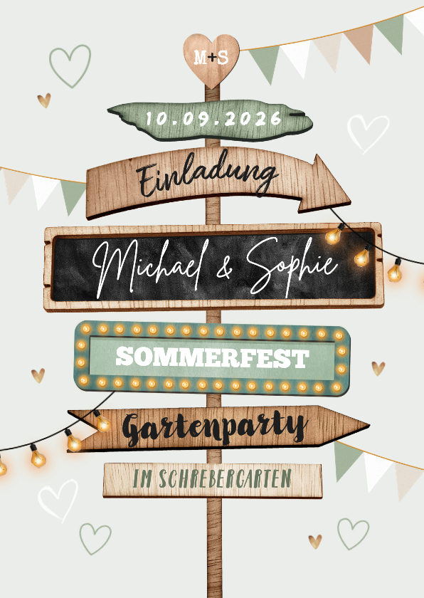 Einladung Wegweiser Gartenparty Schrebergarten Hochzeitstag - Einladungskarten Einladungskarten - Einladung Wegweiser Gartenparty Schrebergarten Hochzeitstag