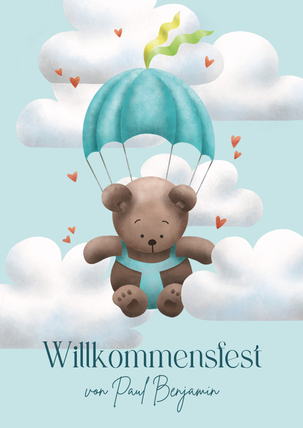 Einladungskarten - Einladung Willkommensfest Bär blau mit Fallschirm