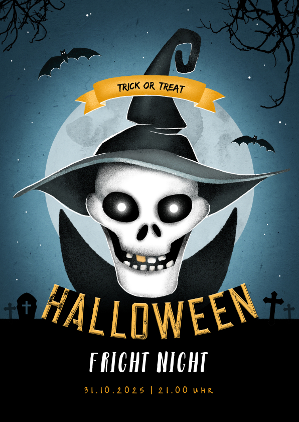 Einladungskarten - Einladung zum Halloween-Fest Totenkopf mit Hut