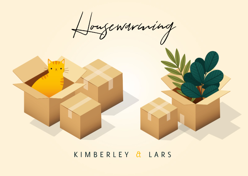 Einladung zur Einweihung mit Kartons, Katze und Blumen - Einladungskarten Einladungskarten - Einladung zur Einweihung mit Kartons, Katze und Blumen