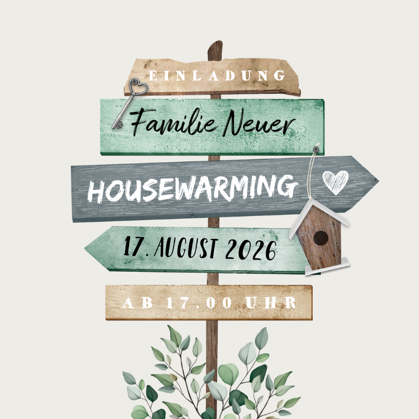 Einladungskarten - Einladung zur Einweihung mit Wegweiser Holz