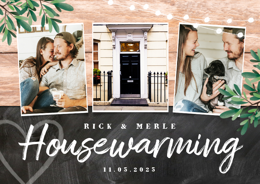 Einladungskarten - Einladung zur Housewarming Holz und Kreide mit 4 Fotos