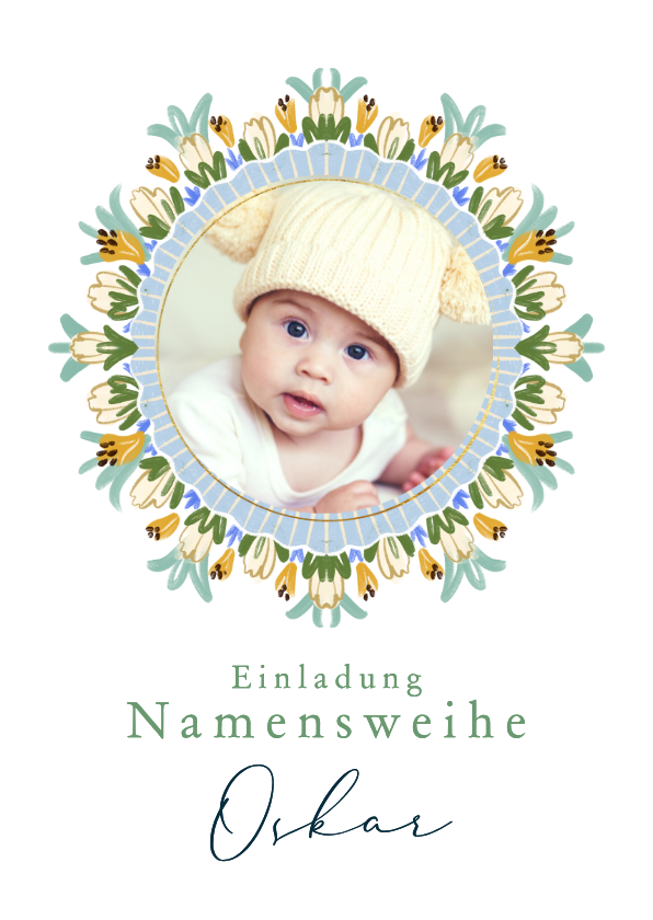 Einladungskarten - Einladung zur Namensweihe Foto mit blauem Blumenkranz Bogen 