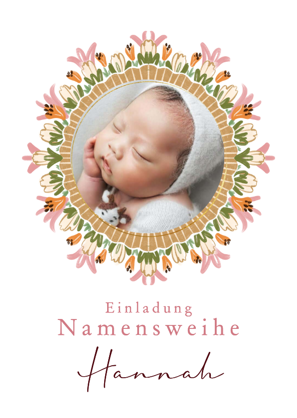 Einladung zur Namensweihe Foto mit rosa Blumenkranz Bogen - Einladungskarten Einladungskarten - Einladung zur Namensweihe Foto mit rosa Blumenkranz Bogen