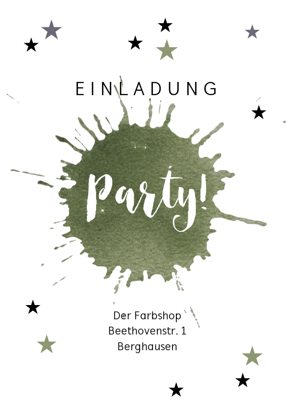 Einladungskarten - Einladung zur Party mit olivgrünem Farbklecks 