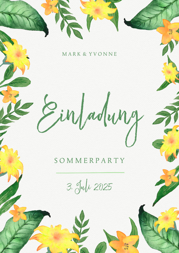 Einladungskarten - Einladung zur Sommerparty Blumen grüngelb