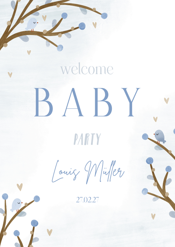 Einladungskarten - Einladung zur Welcome-Baby-Party blaue Zweige und Vögel