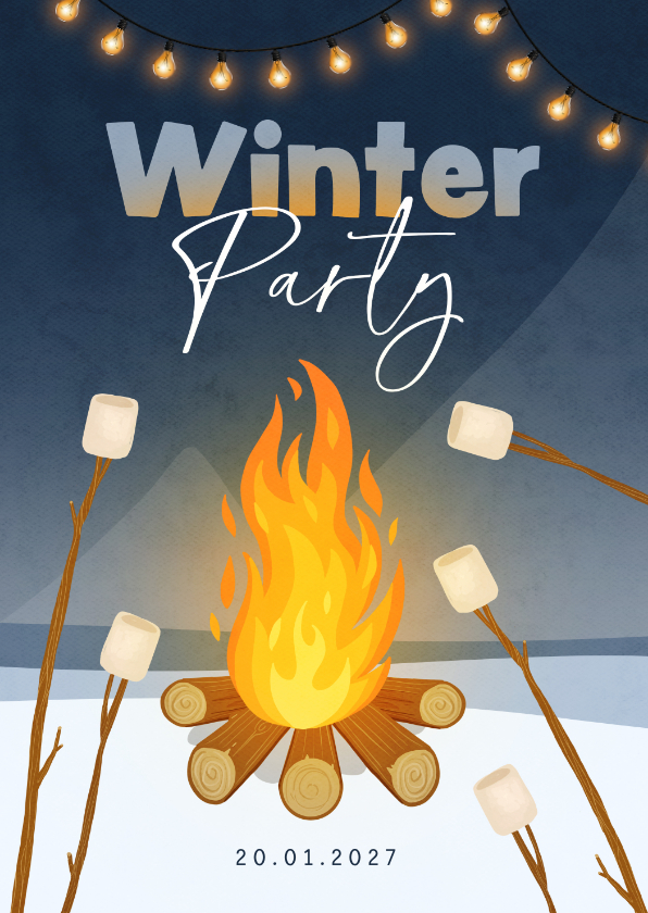 Einladungskarten - Einladung zur Winterparty Feuer mit Marshmallows