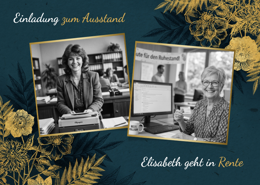 Einladungskarte Ausstand Fotocollage blau goldene Blumen - Einladungskarten Einladungskarten - Einladungskarte Ausstand Fotocollage blau goldene Blumen