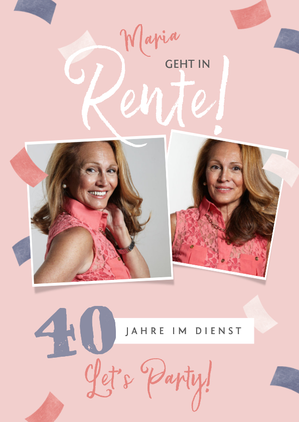 Einladungskarte Austand Rente rosa Konfetti Fotocollage - Einladungskarten Einladungskarten - Einladungskarte Austand Rente rosa Konfetti Fotocollage