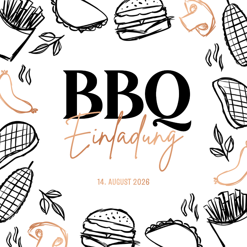 Einladungskarte BBQ Grillfest schwarz weiß Doodles - Einladungskarten Einladungskarten - Einladungskarte BBQ Grillfest schwarz weiß Doodles