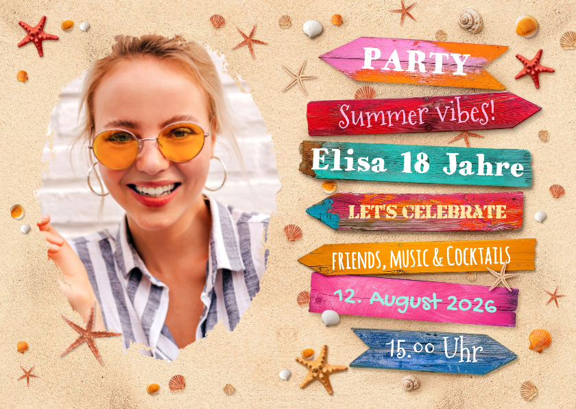 Einladungskarten - Einladungskarte Foto Sommerparty Strand Wegweiser