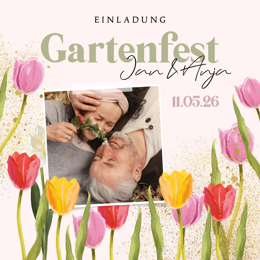 Einladungskarten - Einladungskarte Gartenfest Tulpen mit Foto Doppel-Geburtstag
