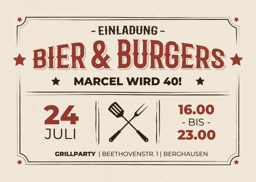 Einladungskarte Grillfest 'Bier & Burgers' Gartenparty - Einladungskarten Einladungskarten - Einladungskarte Grillfest 'Bier & Burgers' Gartenparty