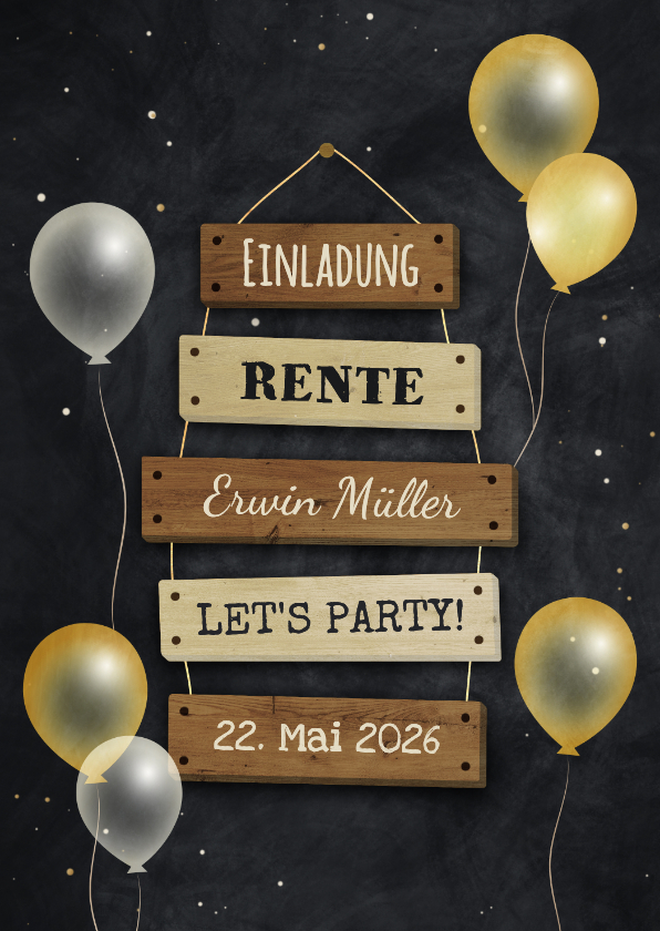Einladungskarte Rente Schilder Luftballons auf Schwarz - Einladungskarten Einladungskarten - Einladungskarte Rente Schilder Luftballons auf Schwarz