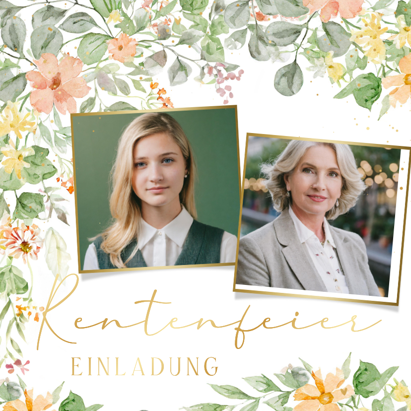 Einladungskarte Rentenfeier Blumenrahmen Fotocollage - Einladungskarten Einladungskarten - Einladungskarte Rentenfeier Blumenrahmen Fotocollage