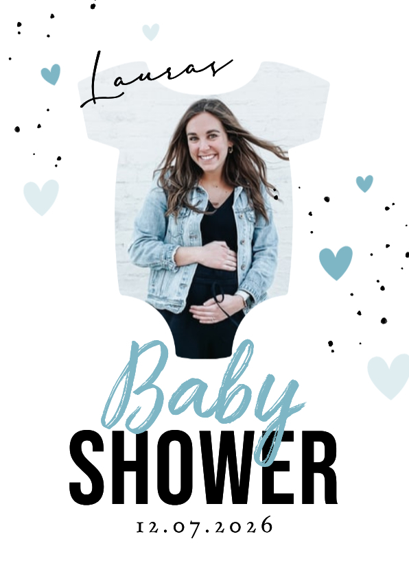 Einladungskarten - Einladungskarte Strampler Foto Babyshower blaue Herzchen