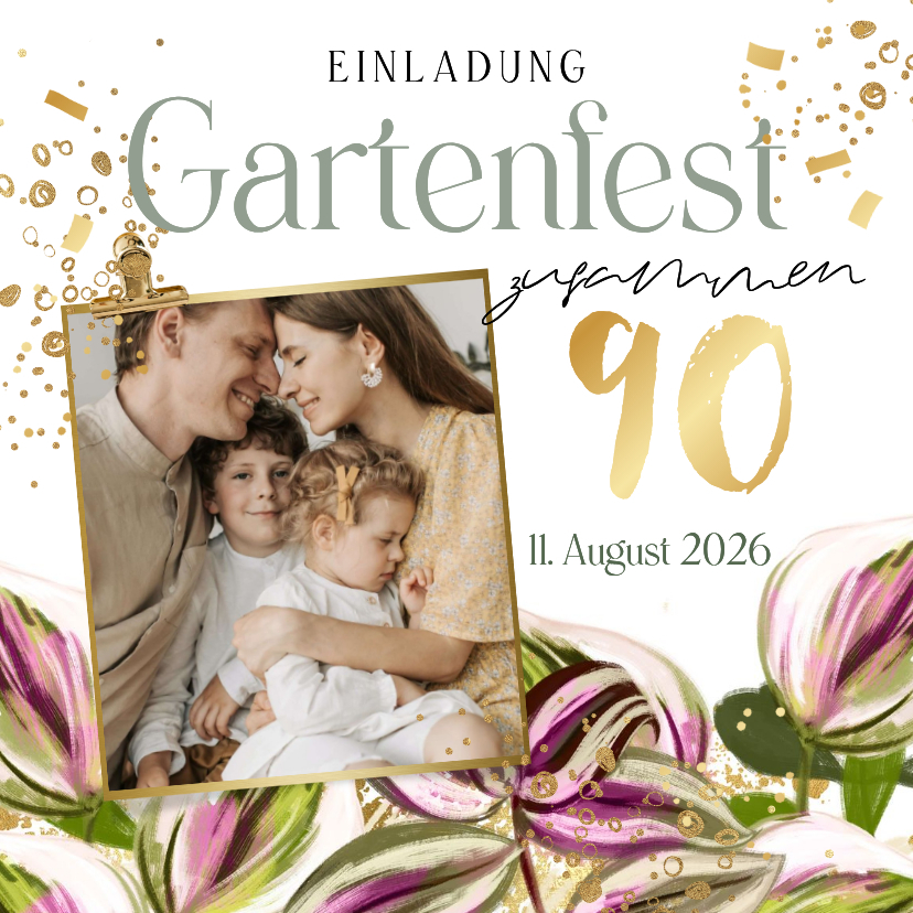 Foto-Einladungskarte Gartenfest Blumen Goldsprenkel - Einladungskarten Einladungskarten - Foto-Einladungskarte Gartenfest Blumen Goldsprenkel