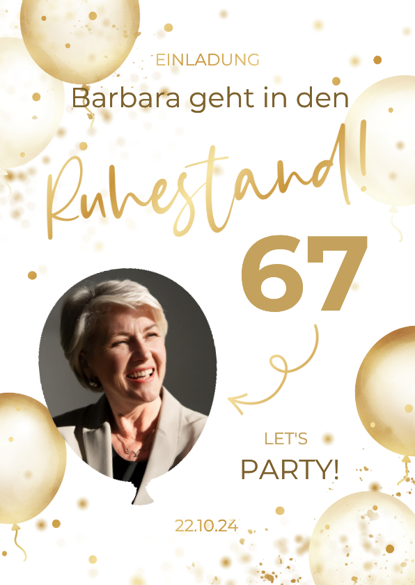 Einladungskarten - Foto-Einladungskarte Ruhestand Luftballons Konfetti