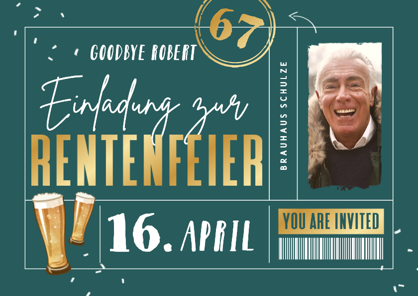 Foto-Einladungskarte Ticketlook Rentenfeier Barcode - Einladungskarten Einladungskarten - Foto-Einladungskarte Ticketlook Rentenfeier Barcode
