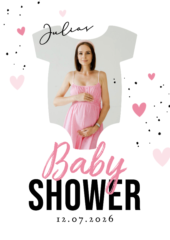 Fotokarte Strampler Babyshower rosa Herzchen Einladung - Einladungskarten Einladungskarten - Fotokarte Strampler Babyshower rosa Herzchen Einladung