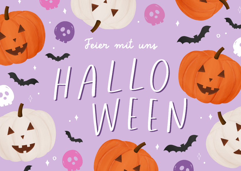 Halloween-Einladungskarte Lila Kürbisse und Fledermäuse - Einladungskarten Einladungskarten - Halloween-Einladungskarte Lila Kürbisse und Fledermäuse
