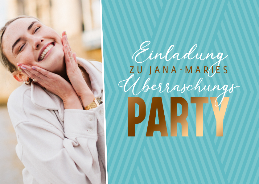 Einladungskarten - Moderne Einladung zur Surpriseparty mit Streifen & Gold-Look