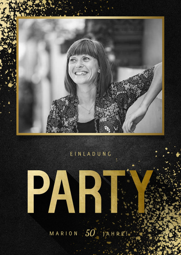 Einladungskarten - Party-Einladung goldene Typografie und Foto
