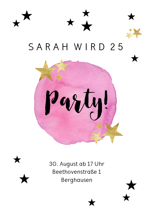 Einladungskarten - Partyeinladung mit rosa Wasserfarbe & Sternen