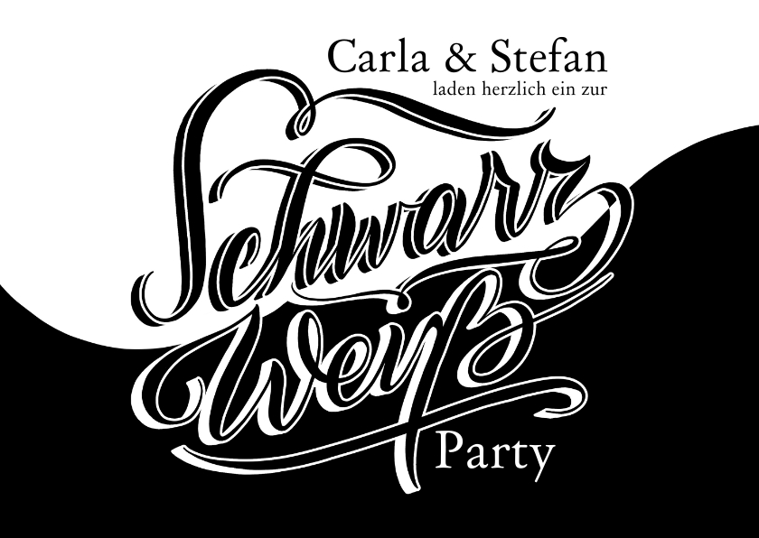 Einladungskarten - Schwarz-Weiß Mottoparty Script