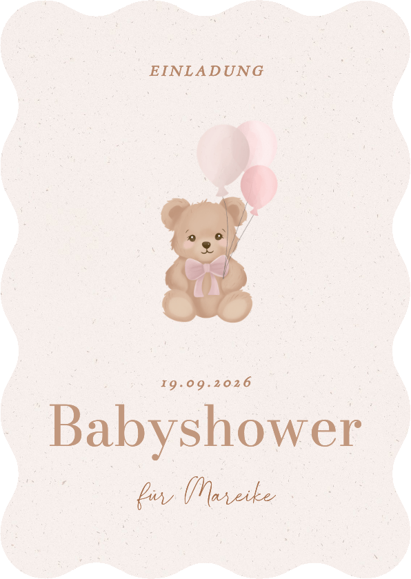 Einladungskarten - Wellenkarte Einladung Babyshower Teddybär rosa Luftballons