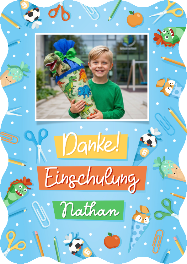 Blaue Foto-Danksagung 1. Schultag Wellenform bunte Symbole - Einschulungskarten Einschulungskarten - Blaue Foto-Danksagung 1. Schultag Wellenform bunte Symbole