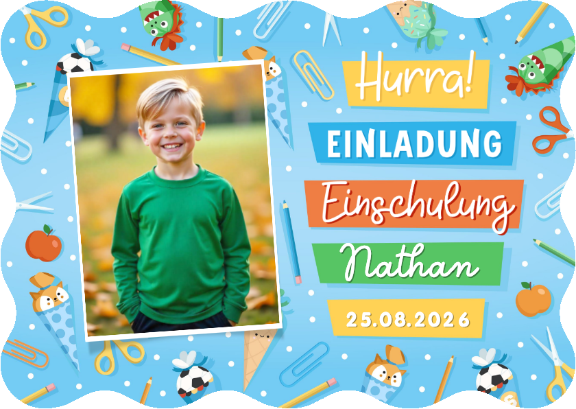 Einschulungskarten - Blaue Foto-Einladung 1. Schultag Wellenform bunte Symbole