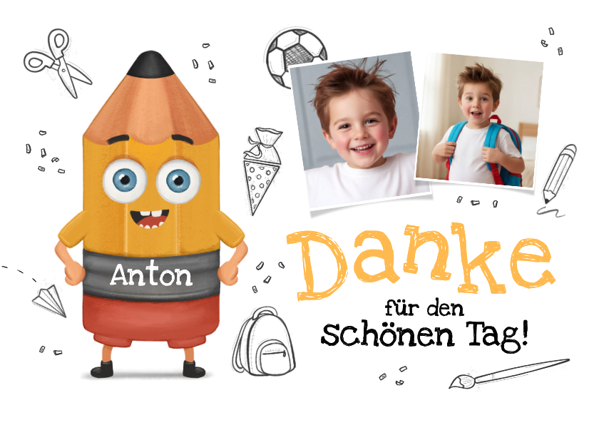 Einschulungskarten - Dankeschönkarte 1. Schultag Fotos, Bleistift & Doodles
