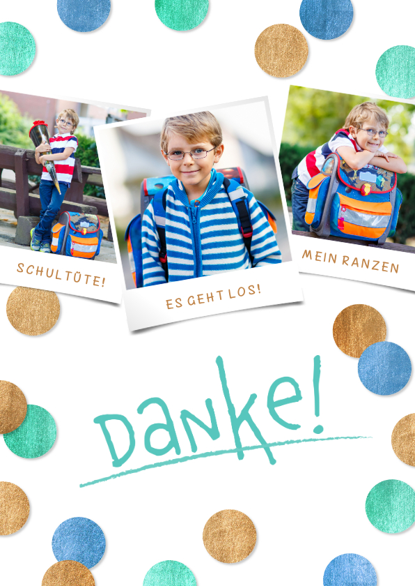 Einschulungskarten - Dankeskarte Einschulung Fotocollage & Konfetti blau