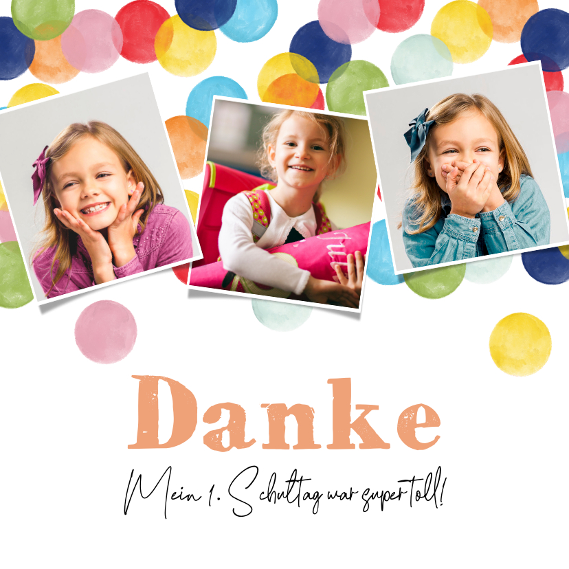 Einschulungskarten - Dankeskarte Einschulung Fotos & bunte Konfetti