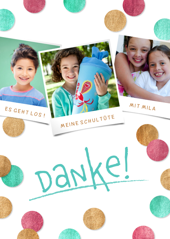 Einschulungskarten - Dankeskarte Einschulung Konfetti & Fotocollage pink