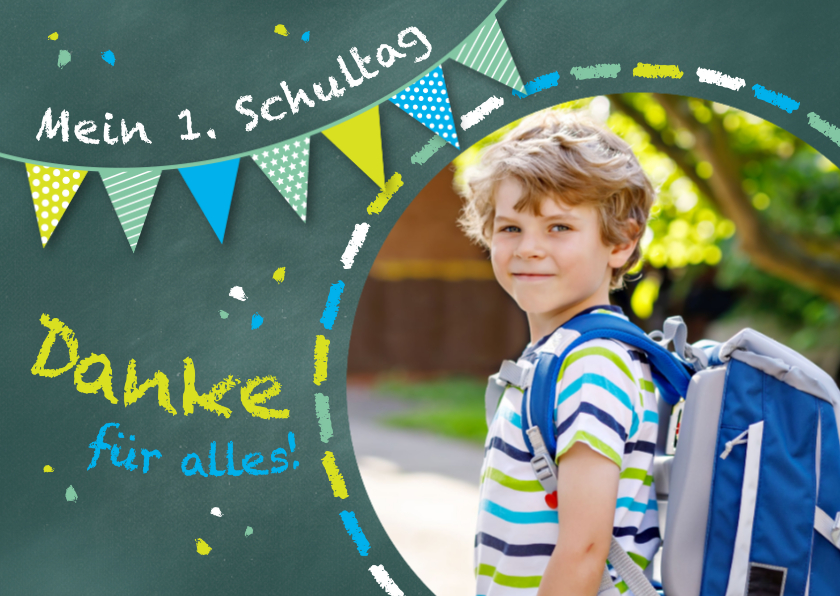 Dankeskarte Einschulung Schultafel grünblau und Foto - Einschulungskarten Einschulungskarten - Dankeskarte Einschulung Schultafel grünblau und Foto