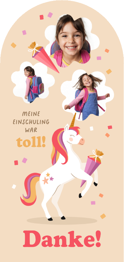Dankeskarte Schulanfang Einhorn mit Schultüte & Fotos - Einschulungskarten Einschulungskarten - Dankeskarte Schulanfang Einhorn mit Schultüte & Fotos