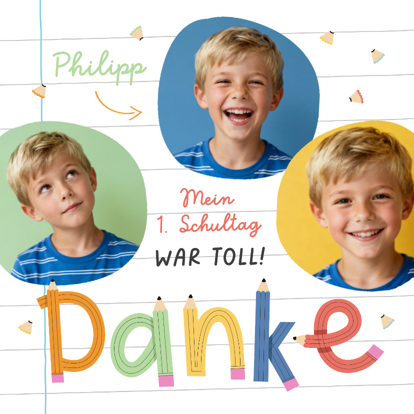 Dankeskarte Schulanfang Fotos & Bleistift-Schrift - Einschulungskarten Einschulungskarten - Dankeskarte Schulanfang Fotos & Bleistift-Schrift