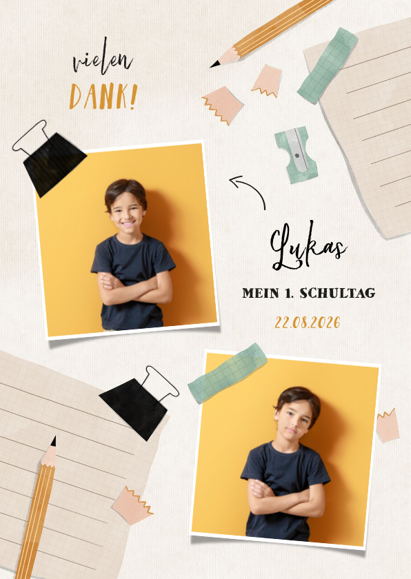 Einschulungskarten - Dankeskarte zur Einschulung Foto, blauer Spitzer & Bleistift