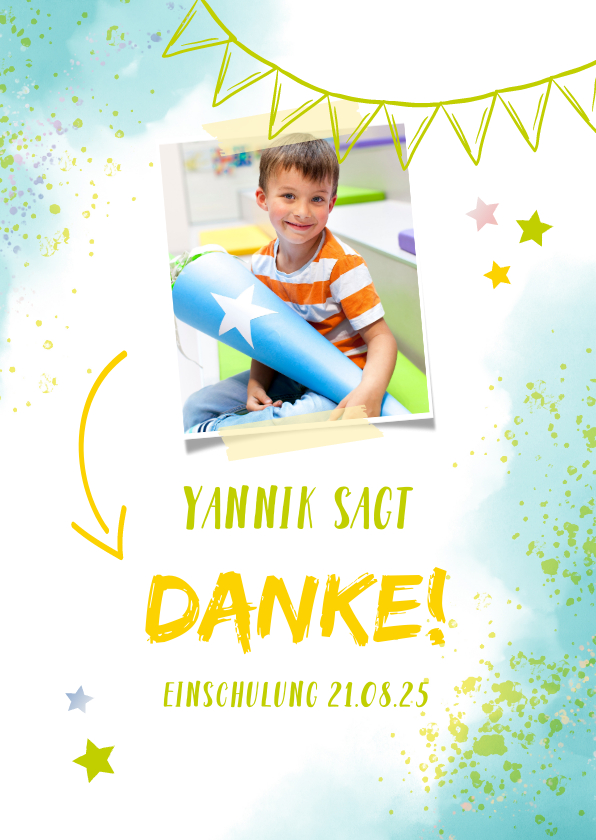 Dankeskarte zur Einschulung Foto & blaugrüne Kleckse - Einschulungskarten Einschulungskarten - Dankeskarte zur Einschulung Foto & blaugrüne Kleckse