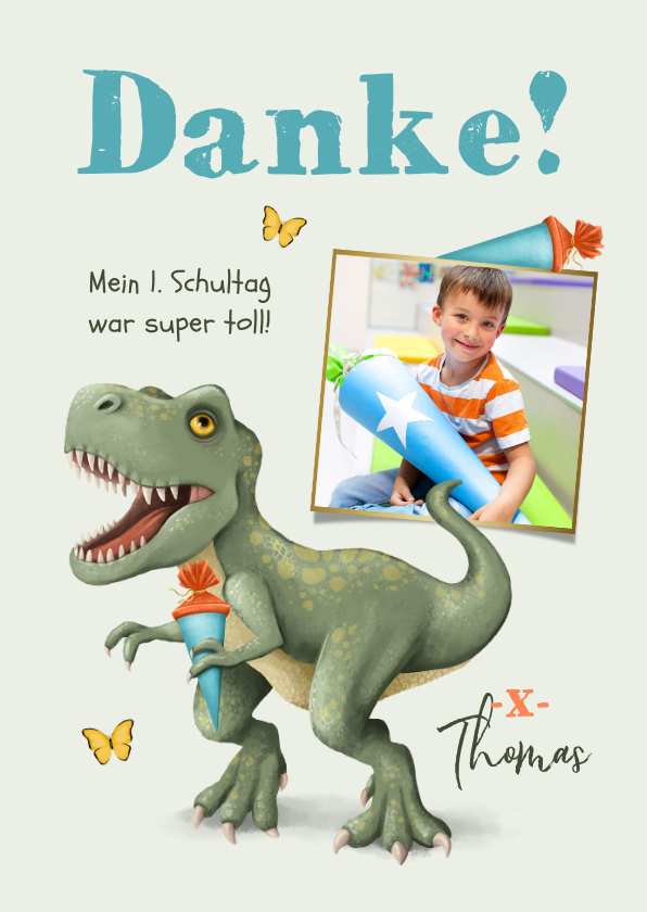 Einschulungskarten - Dankeskarte zur Einschulung mit T-Rex und Foto